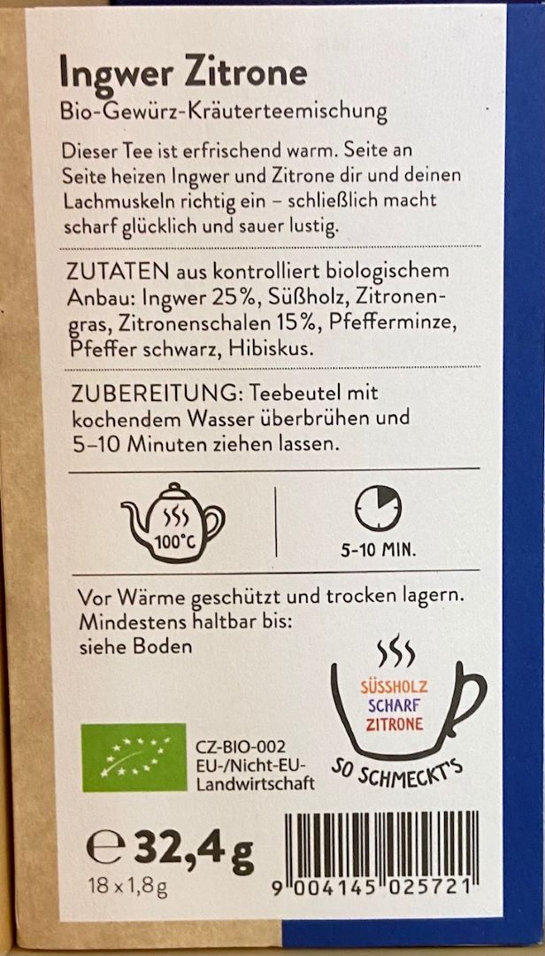 Kräutertee Ingwer - Zitrone, 18 Bio Teebeutel 